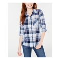 thumbnail image 1 of POLLY & ESTHER Womens Blue Pocketed Plaid Cuffed Sleeve Collared Button Up Top Juniors S, 1 of 3