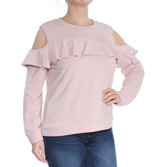 POLLY & ESTHER Womens Pink Ruffled Cold Shoulder Long Sleeve Jewel Neck Sweater Juniors L