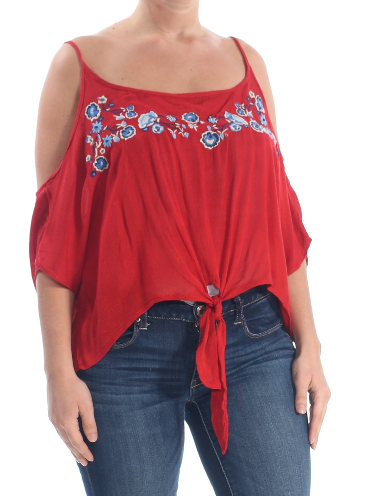 POLLY & ESTHER Womens Red Tie Cold Shoulder Floral Scoop Neck Top XL ...