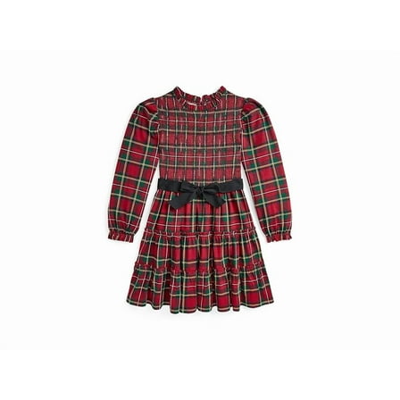 Polo Ralph Lauren RED MULTI Girls Plaid Smocked Cotton Jersey Dress, US X-Large