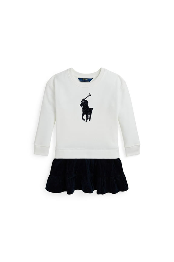 Girls Big Pony Corduroy-Skirt Fleece Dress (Big Kid) Deckwash White W/Navy Large