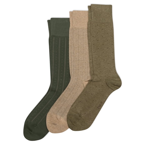 POLO RALPH LAUREN Men's Assorted Patterns Crew Sock 3 Pair Pack, Olive, Mens Shoe Size 6-12
