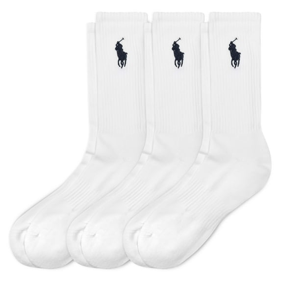 Polo Ralph Lauren Men's Classic Embroidery Big Pony Crew Socks-3 Pair Pack-Casual Mock Rib & Engineered Arch Support, White, 12-17