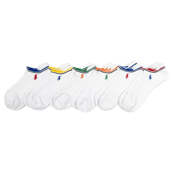Polo Ralph Lauren Men's Athletic Performance Cotton Low Cut Socks-6 Pair Pack-Breathable Mesh & Sport Moisture Wicking, White Stripes, 6-12.5