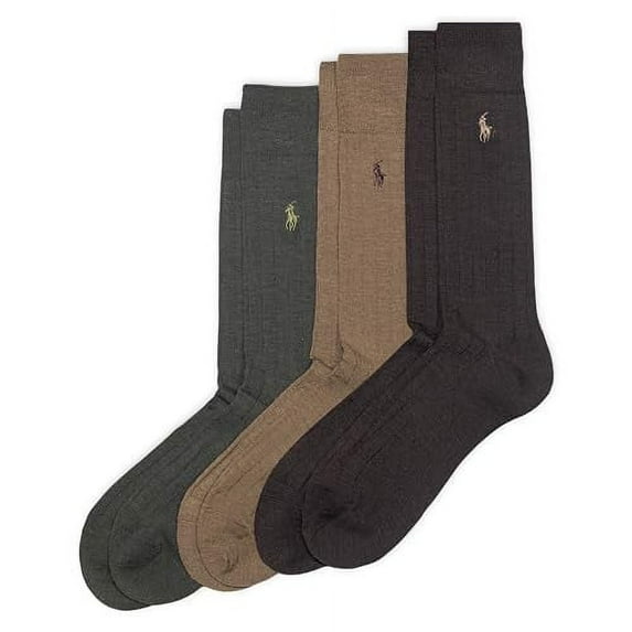 POLO RALPH LAUREN Men's Dress Merino Crew Sock 3 Pair Pack, Brown, Mens Shoe Size 6-12