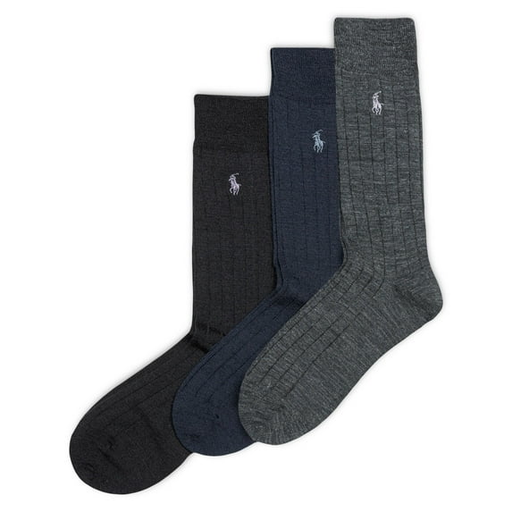 POLO RALPH LAUREN Men's Dress Merino Crew Sock 3 Pair Pack, Charcoal, Mens Shoe Size 6-12