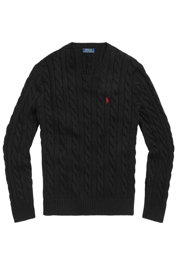 Men's Iconic Cable Knit Cotton Pullover Sweater (Black - M)