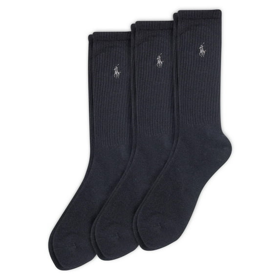 POLO RALPH LAUREN Men's PP Rib Crew Sock 3 Pair Pack, Black, Mens Shoe Size 6-12
