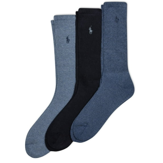 POLO RALPH LAUREN Men's PP Rib Crew Sock 3 Pair Pack, Denim, Mens Shoe Size 6-12