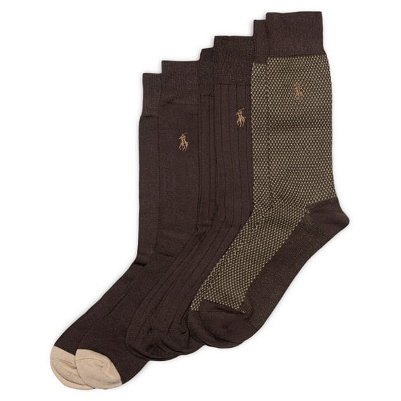 POLO RALPH LAUREN Men's Supersoft Birds Eye Crew Sock 3 Pair Pack, Brown, Mens Shoe Size 12-17