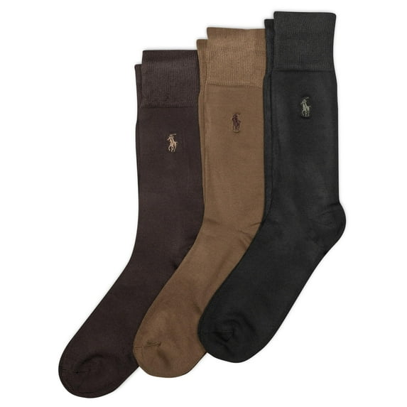 POLO RALPH LAUREN Men's Supersoft Flat Crew Sock 3 Pair Pack, Brown, Mens Shoe Size 6-12