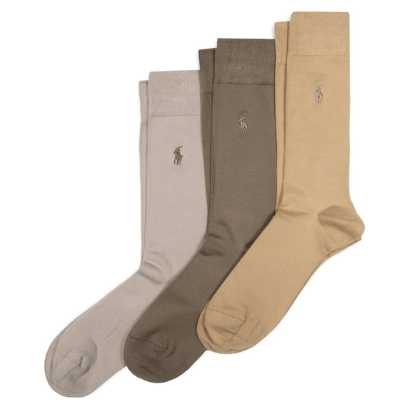 Polo Ralph Lauren Men's Supersoft Flat Crew Socks (3 Pairs), Khaki Assorted, 12-17
