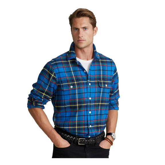 POLO RALPH LAUREN Mens Blue Tartan Plaid Long Sleeve Classic Fit Button Down Casual Shirt L