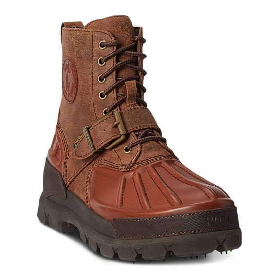 POLO RALPH LAUREN Mens Brown Mixed Media Lug Sole Pull Tab Cushioned Buckle Accent Waterproof Oslo Round Toe Block Heel Lace-Up Leather Boots Shoes 9 D