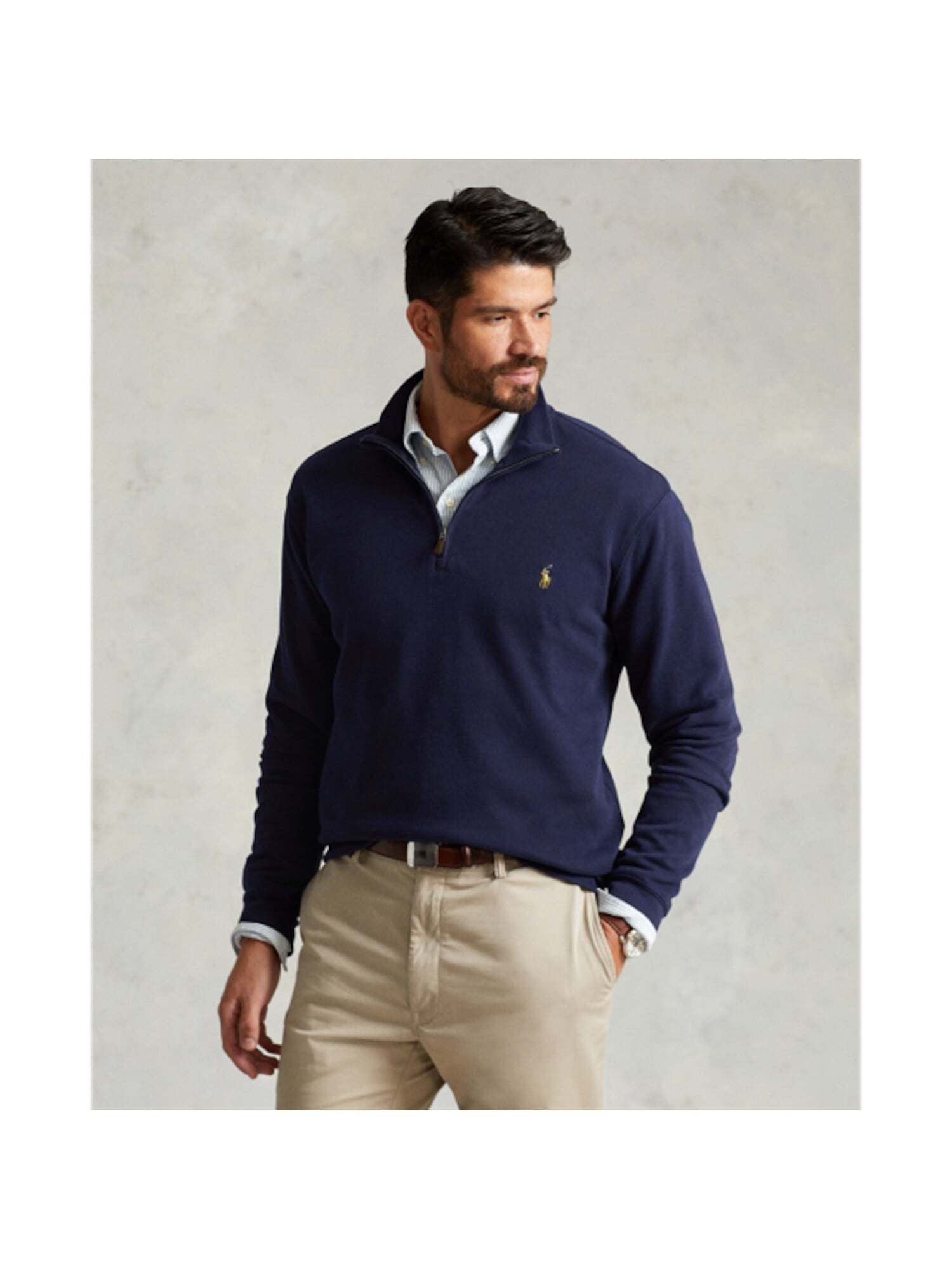POLO RALPH LAUREN Mens Navy Logo Graphic Classic Fit Quarter Zip Cotton Pullover Sweater 4LT