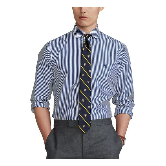 POLO RALPH LAUREN Mens Navy Striped Spread Collar Classic Fit Performance Stretch Dress Shirt L 16.5- 34/35