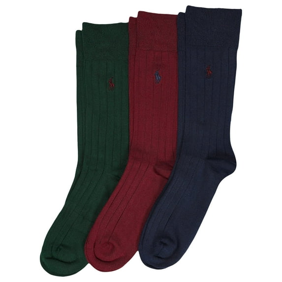 Polo Ralph Lauren Mens Super Ribbed Socks - 3 Pair Pack Lightweight Comfort Soft Ribbered Dress Crew, Navy Assorted, 12-17 US