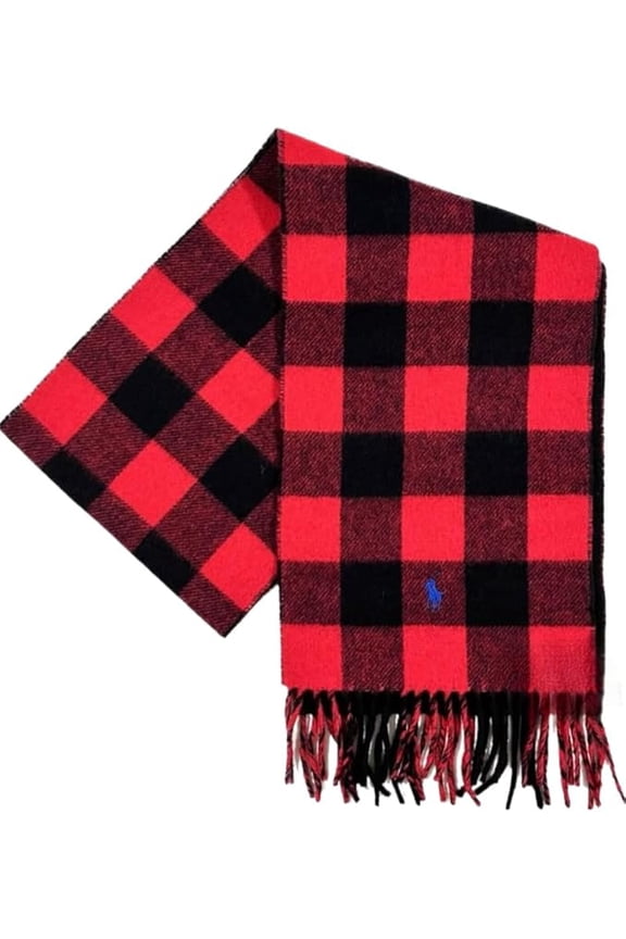 Red Checked Fringed Scarf Blue Logo