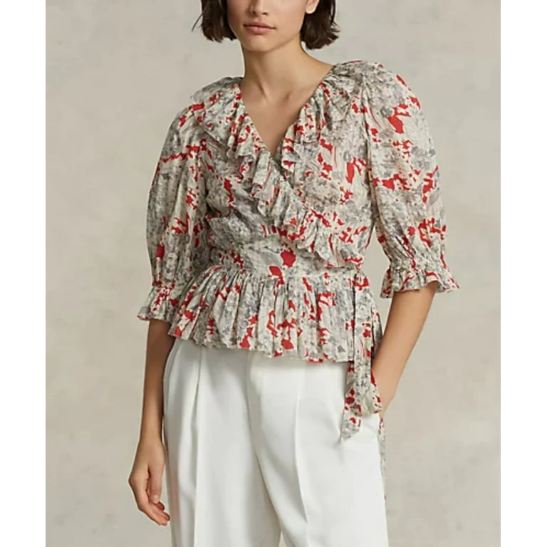 POLO RALPH LAUREN Ruffled Floral Cotton Wrap Top