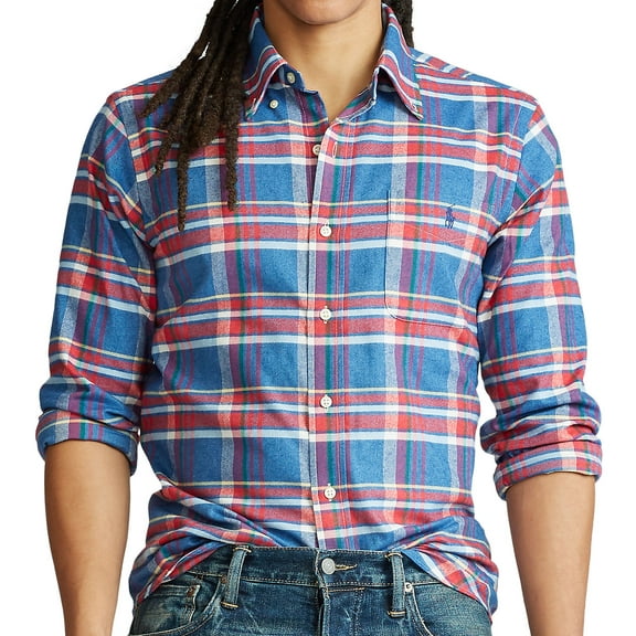 POLO Ralph Lauren Mens Plaid Button Down Shirt (2XLarge Tall, Steel Blue/Red)