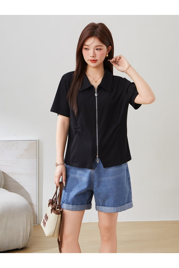 POLO neck zipper pinch pleated short-sleeved top