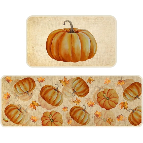 POLOHOMEE Sets of 2 Thanksgiving Kitchen Rugs and Mats, Fall Kitchen Rug Non Slip Pumpkin Farmhouse Thanksgiving Mats for Floor Door Home Bathroom Cabin Decor