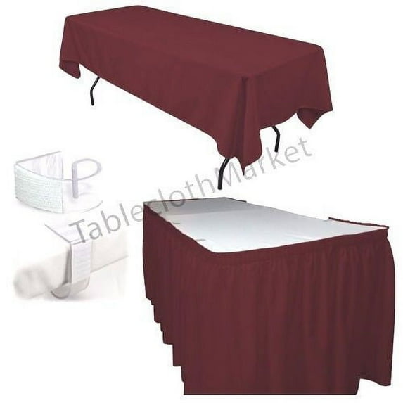 POLYESTER PLEATED TABLE SET SKIRT skirting 21' Ft + clip + Topper Media Day", (Color: Burgundy)