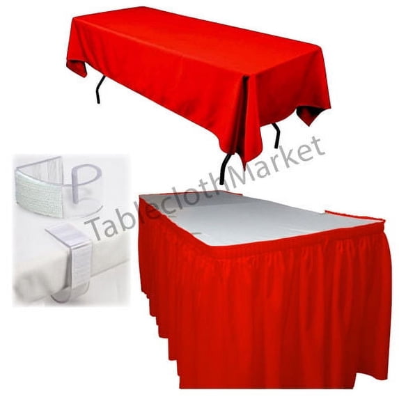 POLYESTER PLEATED TABLE SET SKIRT with clips 14' Ft. + clip + Topper Media DAY", (Color: Red)