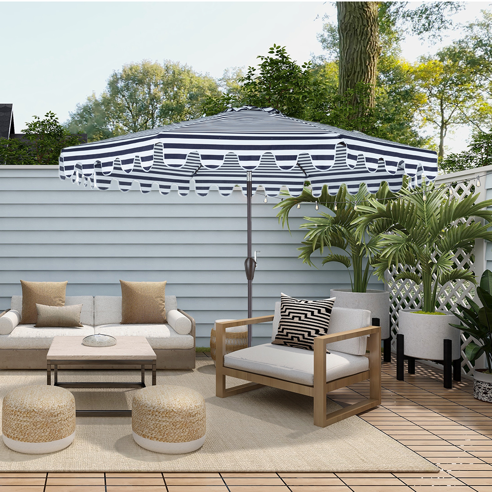 POLYTEAK Outdoor Umbrella, 9FT Navy White Stripe, Push Button Tilt with