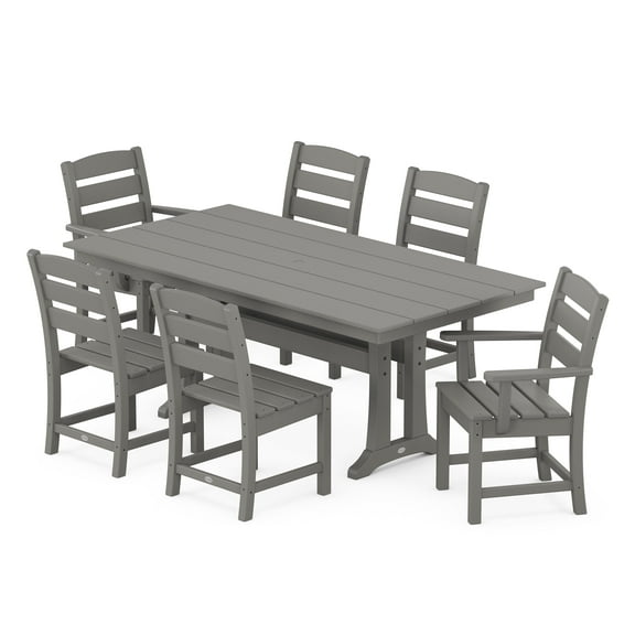 POLYWOOD 7-Piece Farmhouse Trestle Dining Furniture Set Slate Grey