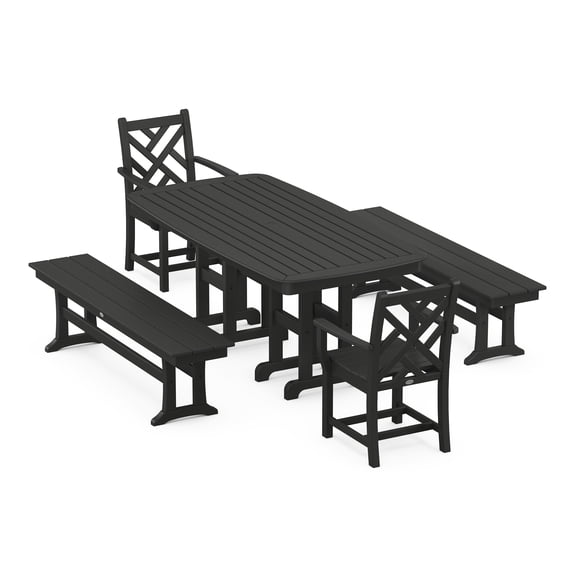 POLYWOOD Chippendale 5-Piece Dining Set with Benches in Black