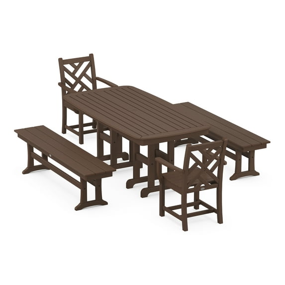 POLYWOOD Chippendale 5-Piece Dining Set with Benches in Mahogany