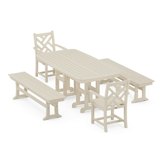POLYWOOD Chippendale 5-Piece Dining Set with Benches in Sand