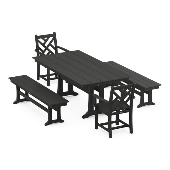 POLYWOOD Chippendale 5-Piece Farmhouse Dining Set With Trestle Legs in Black