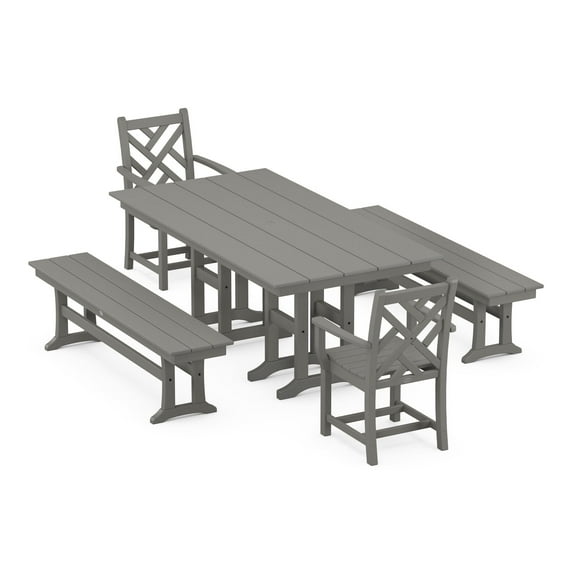 POLYWOOD Chippendale 5-Piece Farmhouse Dining Set with Benches in Slate Grey