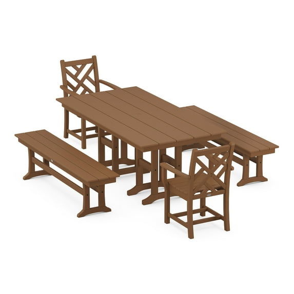 POLYWOOD Chippendale 5-Piece Farmhouse Dining Set with Benches in Teak