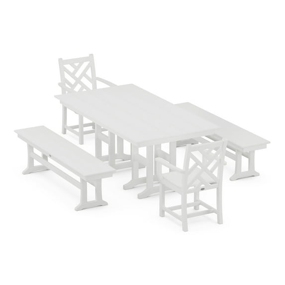 POLYWOOD Chippendale 5-Piece Farmhouse Dining Set with Benches in White