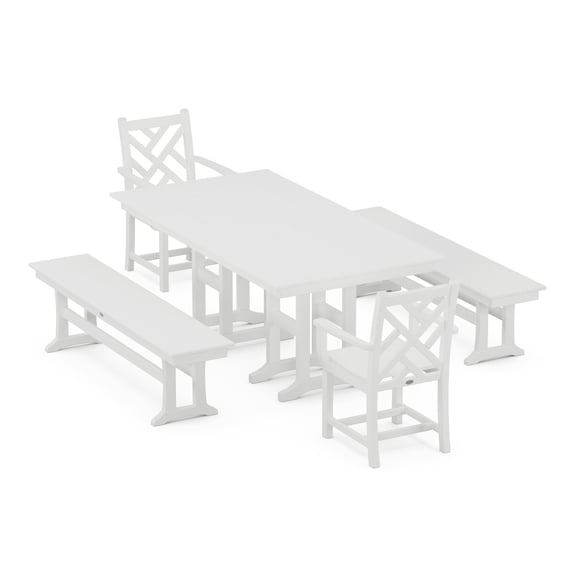 POLYWOOD Chippendale 5-Piece Farmhouse Dining Set with Benches in White