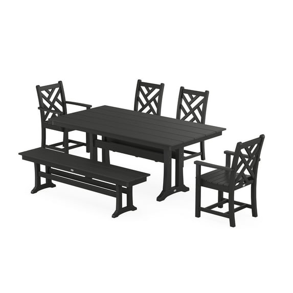POLYWOOD Chippendale 6-Piece Farmhouse Dining Set With Trestle Legs in Black