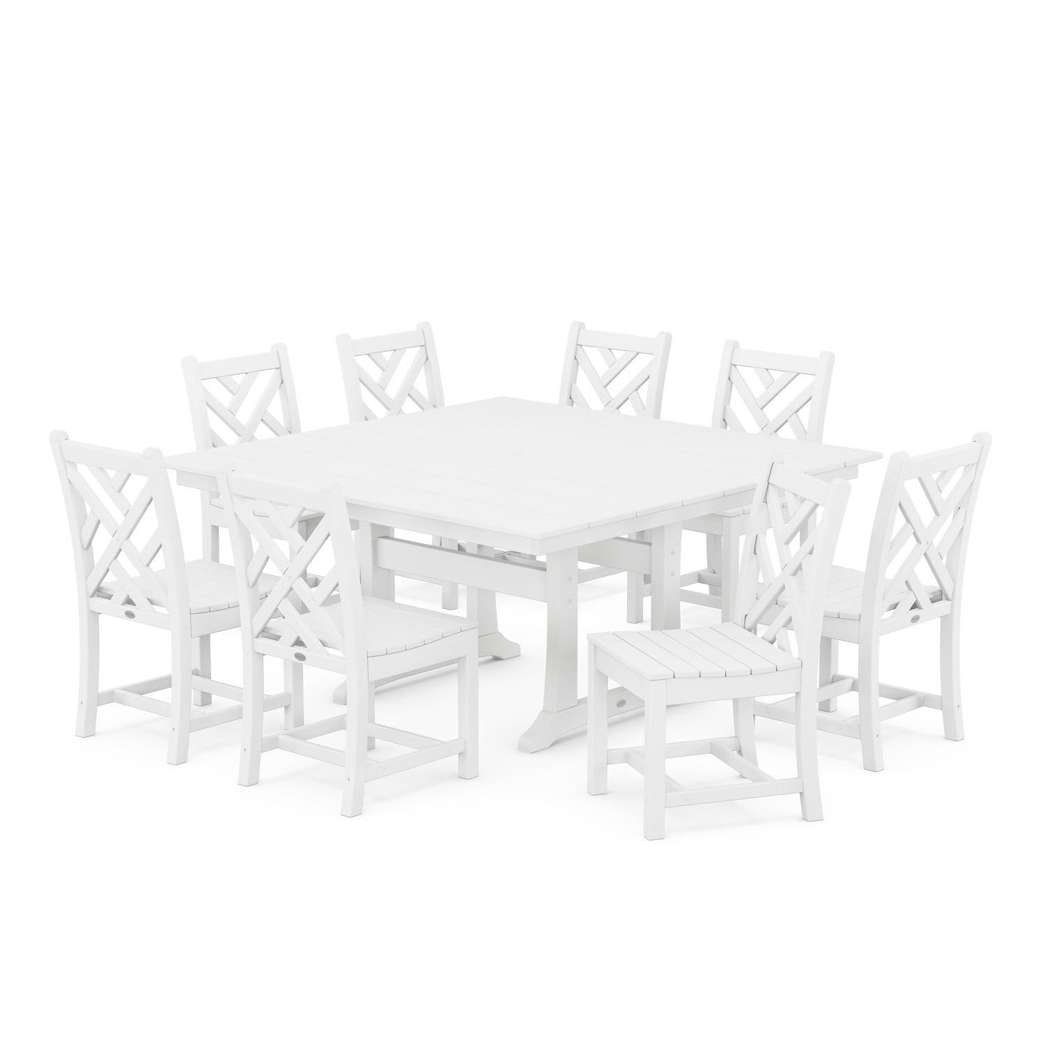 White 9-Piece Farmhouse Trestle Dining Set with Chippendale Chairs