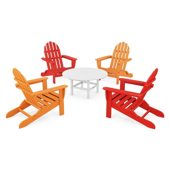 POLYWOOD Classic Folding Adirondack 5-Piece Conversation Group in Sunset Red / Tangerine / White