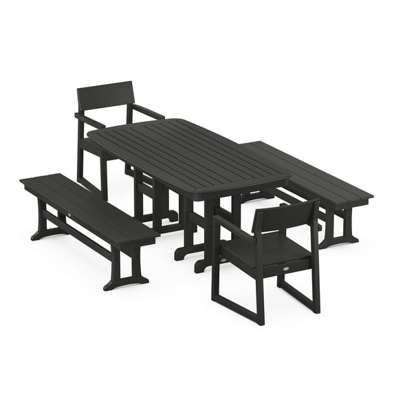 POLYWOOD EDGE 5-Piece Dining Set with Benches in Black