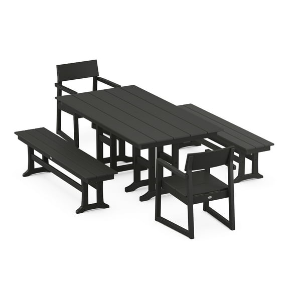 POLYWOOD EDGE 5-Piece Farmhouse Dining Set with Benches in Black