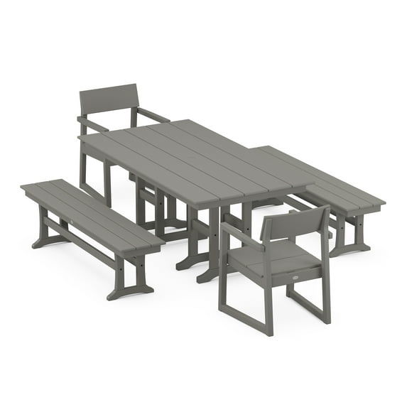 POLYWOOD EDGE 5-Piece Farmhouse Dining Set with Benches in Slate Grey
