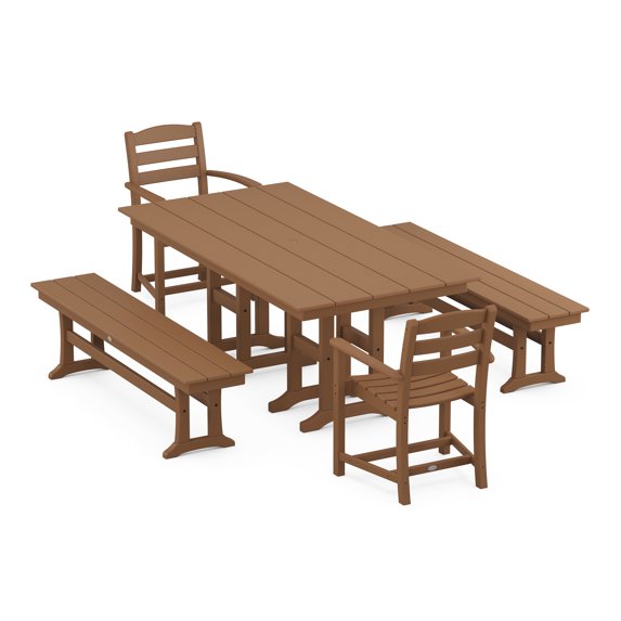 POLYWOOD La Casa Cafe 5-Piece Farmhouse Dining Set with Benches in Teak