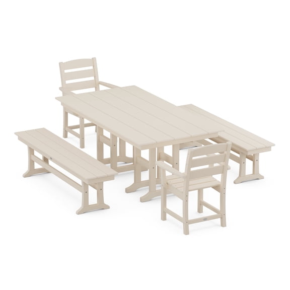 POLYWOOD Lakeside 5-Piece Farmhouse Dining Set with Benches in Sand