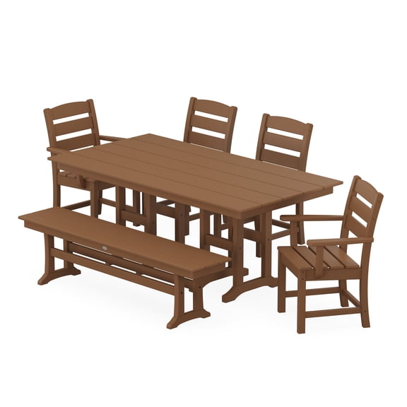 POLYWOOD Lakeside 6 Piece Farmhouse Outdoor Dining Table Set, Teak