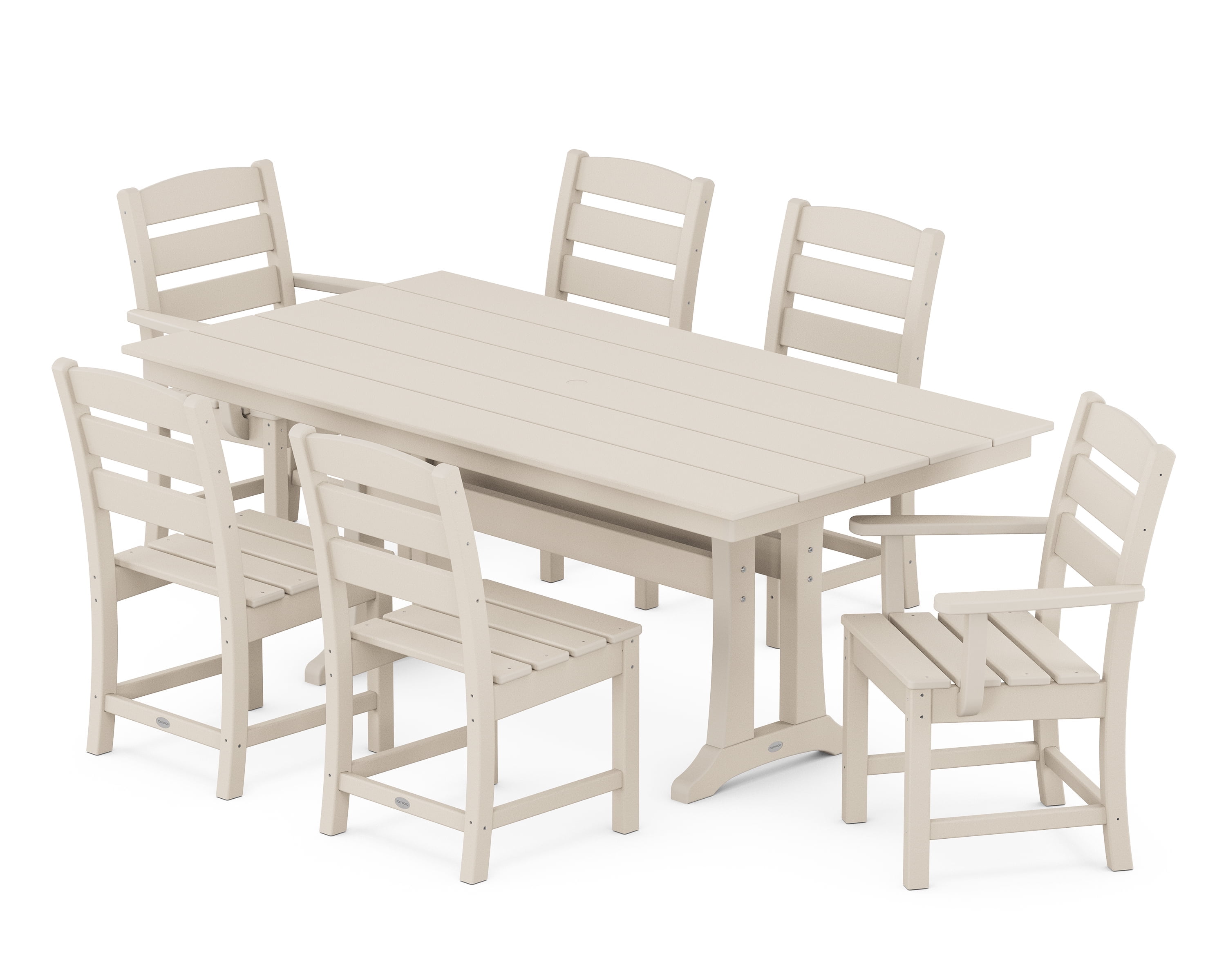 Beige 7-Piece Farmhouse Trestle Dining Set with Arched Back Chairs