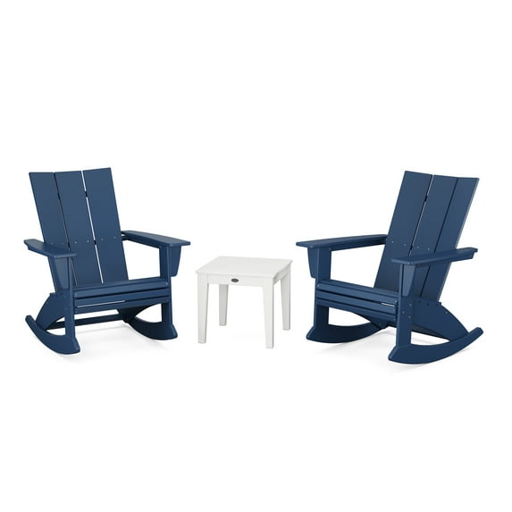 POLYWOOD Modern Curveback 3-Piece Adirondack Rocking Chair Set in Navy / White