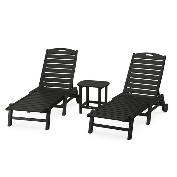POLYWOOD Nautical Plastic Adjustable Back and Wheels on Back Legs Chaise Lounge - Set of 3 Black